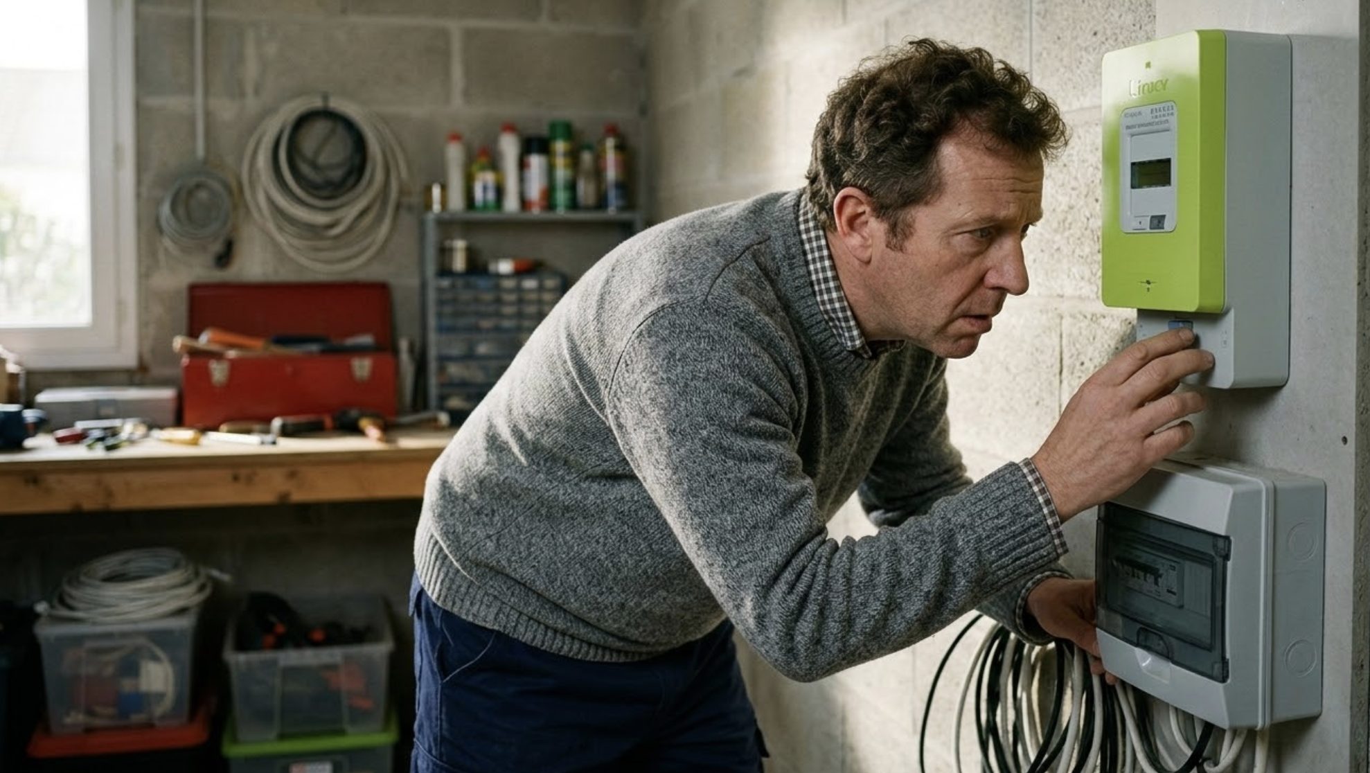 Homme qui cherche à rallumer son compteur linky eteint