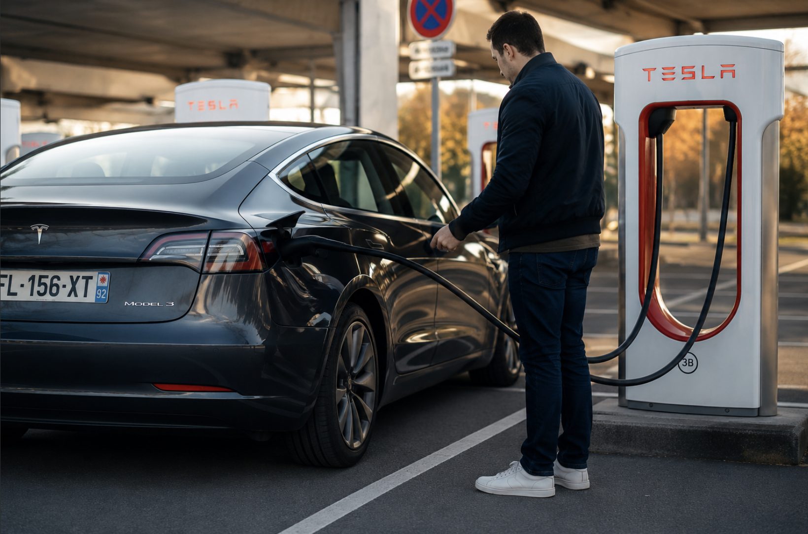 Propriétaire branchant une Tesla Model 3 sur une borne de recharge Tesla pour vérifier et préserver le SOH de la batterie du véhicule électrique.