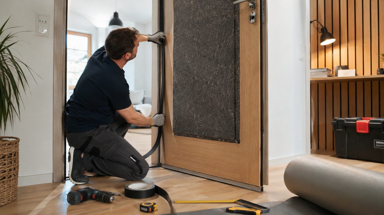 Personne isolant phoniquement une porte avec des joints acoustiques et un panneau anti-bruit dans un appartement.